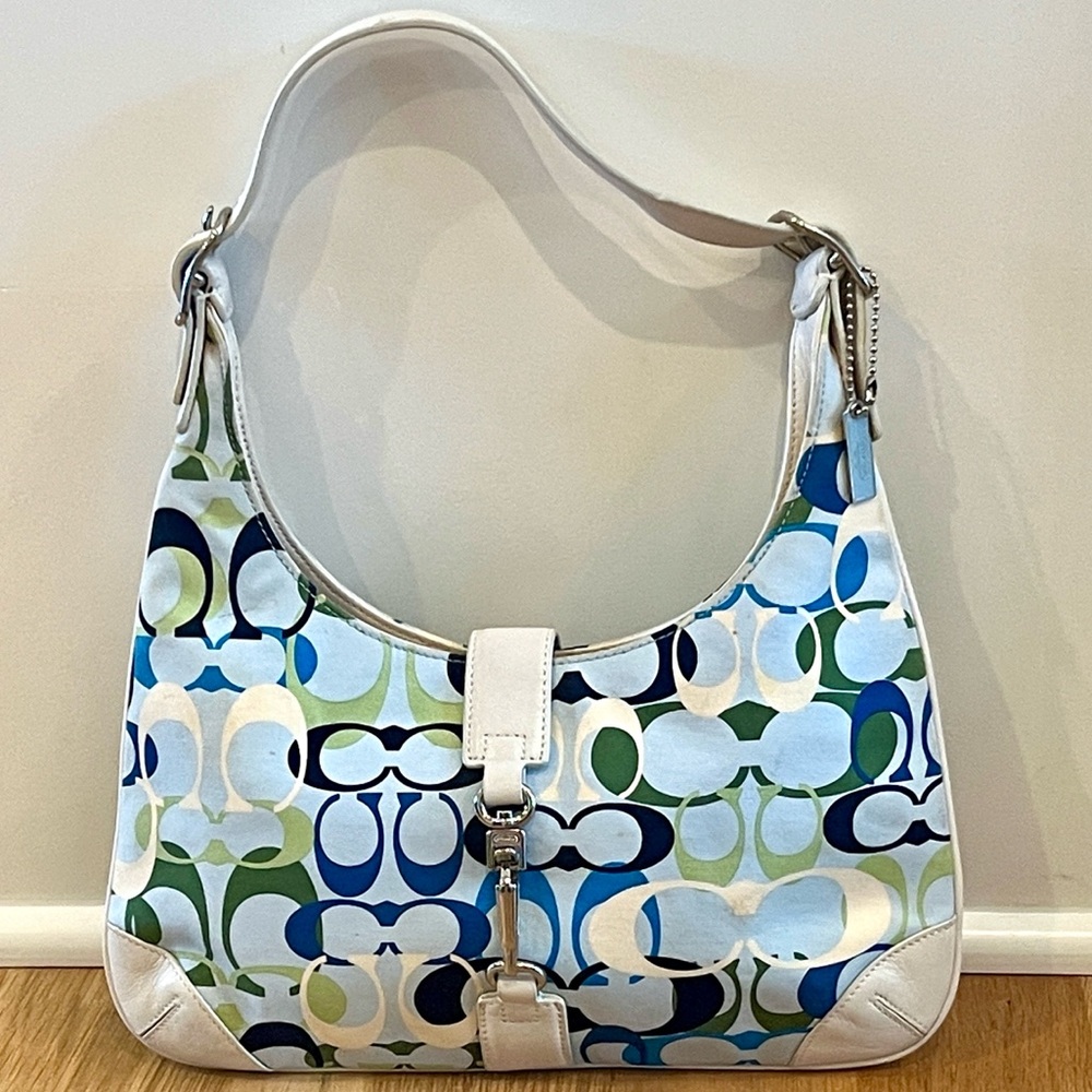 Coach Multicolor Signature Canvas Shoulder Bag with White Leather Trim